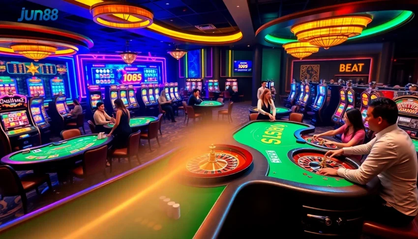 Gamblers enjoying a thrilling experience at Jun88's luxurious casino setting.