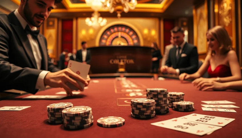 Experience excitement at an U888 poker table with vibrant chips, cards, and a roulette wheel.