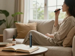 Penna per vape e olio di CBD in un ambiente di benessere naturale, promuovendo qualità e relax con sigaretta elettronica.