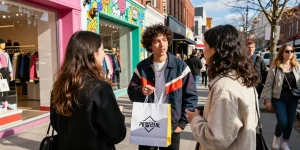 Dynamic urban fashion shopping scene featuring stylish person with 레플리카 collection in vibrant market.