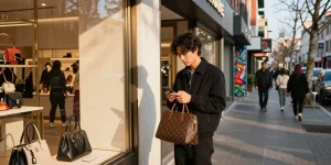 Stylish individual showcasing 명품 레플리카 handbag in vibrant urban fashion scene.