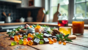 Colorful CBD edibles displayed beautifully in a cozy kitchen setting.