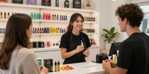 Hochwertige THC Vape Produkte bei THC Vape Europa, Kundeninteraktion und Beratung im Shop.