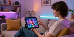 User engaging in NSFW AI chat experience on stylish couch with interactive digital character.