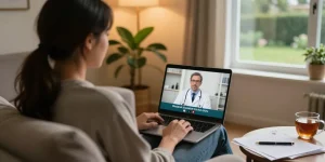 Patient consulting online for an MMJ card online in a cozy home setting.