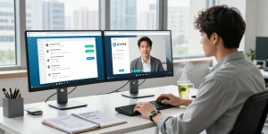 Professional workspace with Telegram interface, showcasing 纸飞机中文版 and tech gadgets, bright city view.