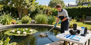 Pond Cleaning London service in action, professional cleaner removing debris from a serene garden pond surrounded by lush greenery.