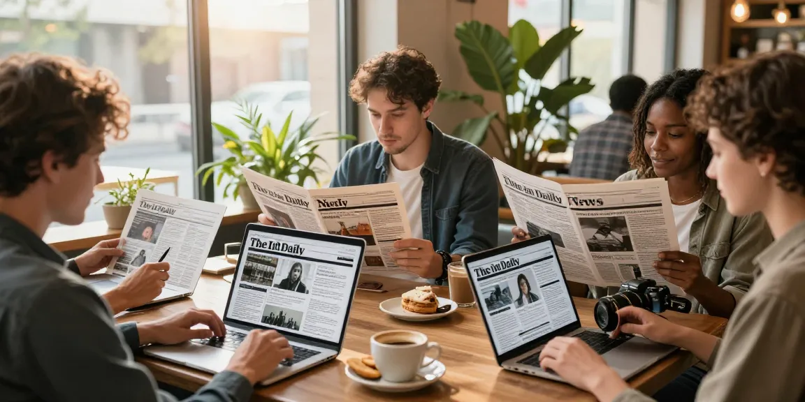 Readers engaged with https://www.theindaily.com in a vibrant café surrounded by modern technology and warm light.